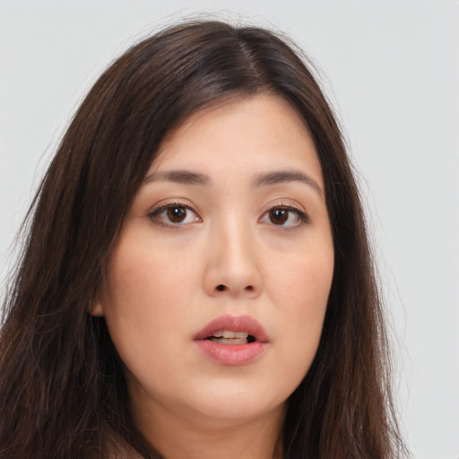 Neutral asian young-adult female with long  brown hair and brown eyes