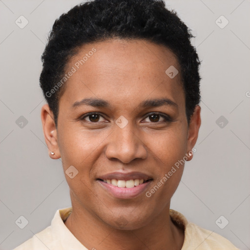 Joyful latino young-adult female with short  brown hair and brown eyes