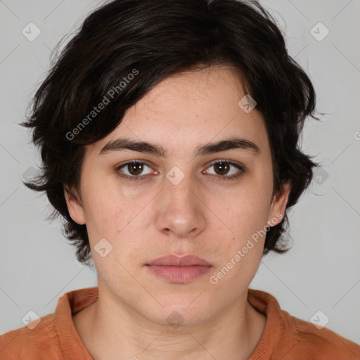 Neutral white young-adult female with medium  brown hair and brown eyes