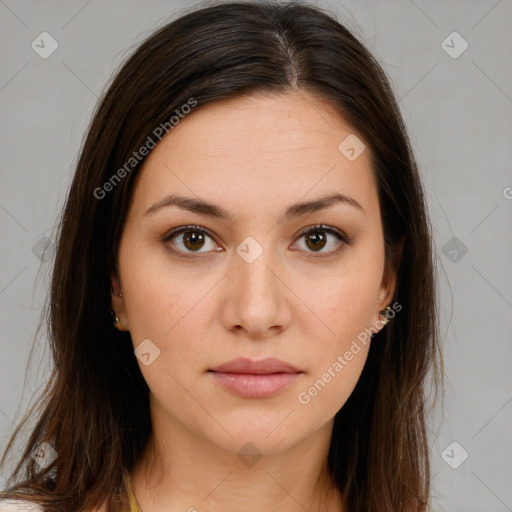 Neutral white young-adult female with long  brown hair and brown eyes