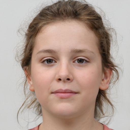 Neutral white child female with medium  brown hair and grey eyes