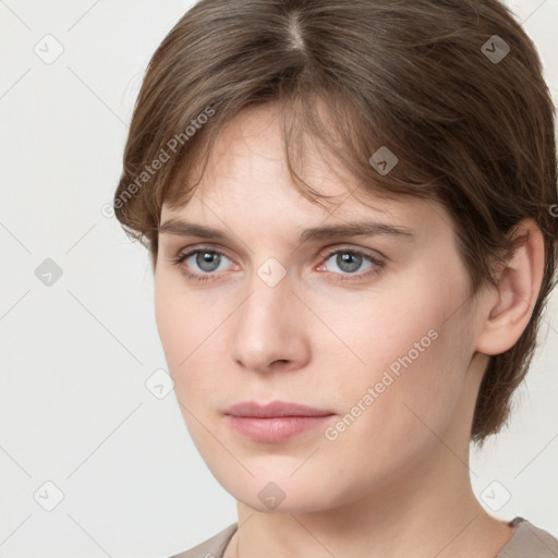 Neutral white young-adult female with medium  brown hair and grey eyes