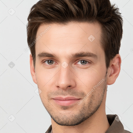 Neutral white young-adult male with short  brown hair and brown eyes