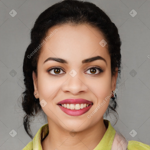 Joyful latino young-adult female with medium  black hair and brown eyes