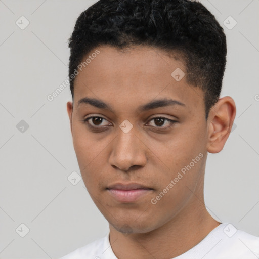 Neutral latino young-adult male with short  black hair and brown eyes