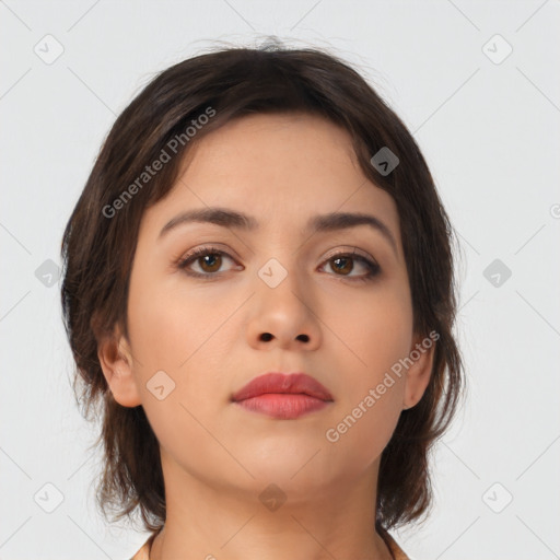 Neutral asian young-adult female with medium  brown hair and brown eyes