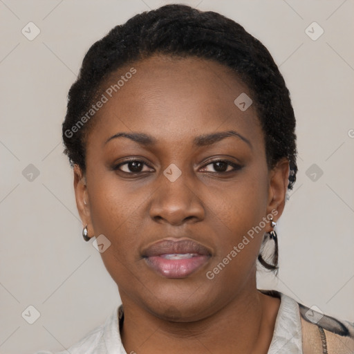 Neutral black young-adult female with short  black hair and brown eyes