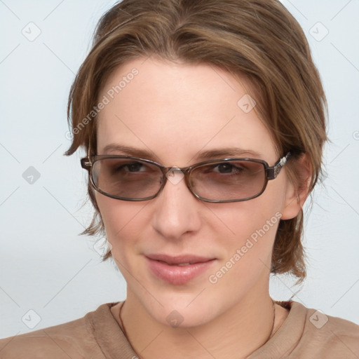 Joyful white young-adult female with medium  brown hair and blue eyes