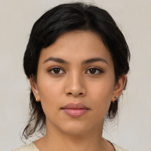 Neutral asian young-adult female with medium  black hair and brown eyes