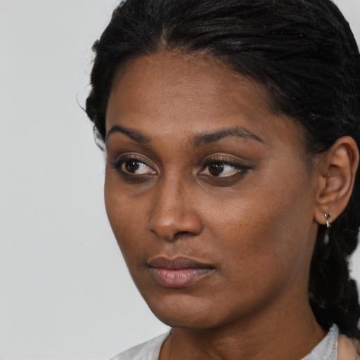 Neutral black young-adult female with short  black hair and brown eyes