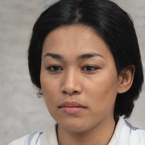 Neutral asian young-adult female with medium  black hair and brown eyes