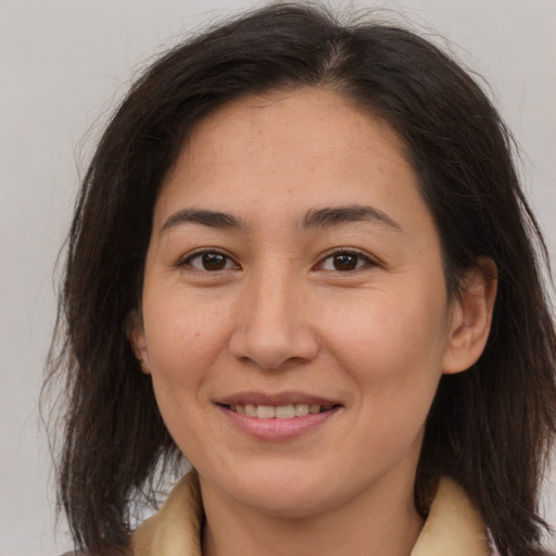 Joyful white adult female with medium  brown hair and brown eyes