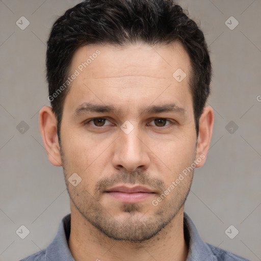 Neutral white young-adult male with short  brown hair and brown eyes