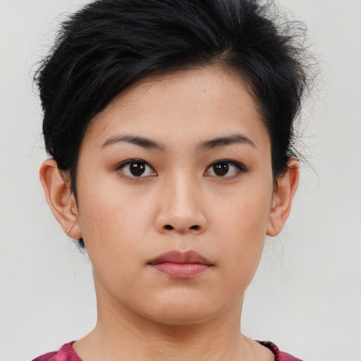 Neutral asian young-adult female with short  brown hair and brown eyes