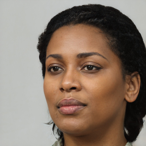 Neutral black young-adult female with long  black hair and brown eyes