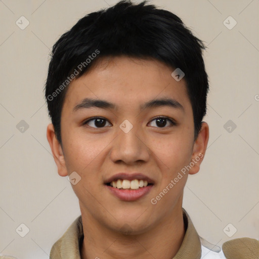 Joyful asian young-adult male with short  black hair and brown eyes