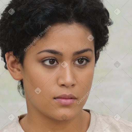 Neutral latino young-adult female with short  black hair and brown eyes