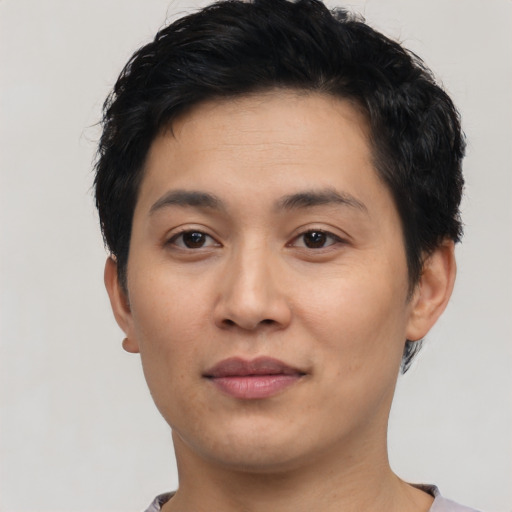 Neutral asian young-adult male with short  black hair and brown eyes