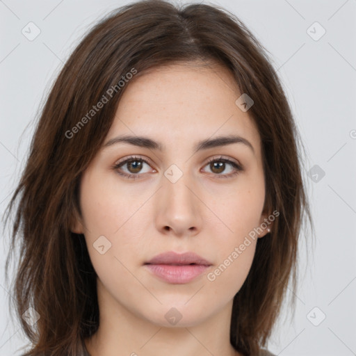 Neutral white young-adult female with long  brown hair and brown eyes