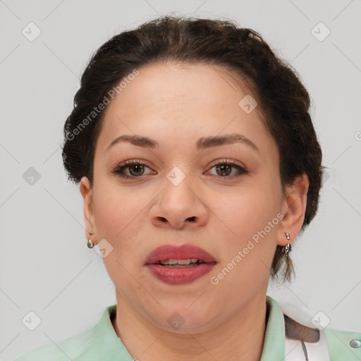 Joyful white adult female with short  brown hair and brown eyes