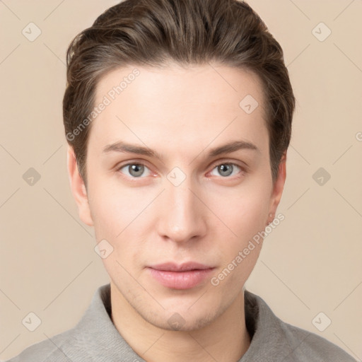 Neutral white young-adult male with short  brown hair and grey eyes