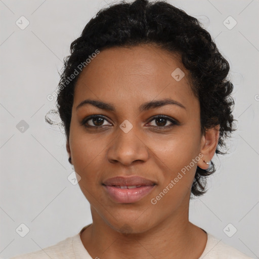 Joyful latino young-adult female with short  black hair and brown eyes