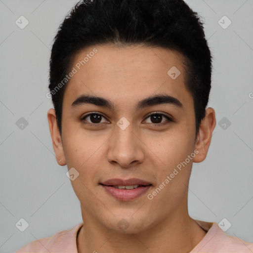 Joyful latino young-adult male with short  black hair and brown eyes