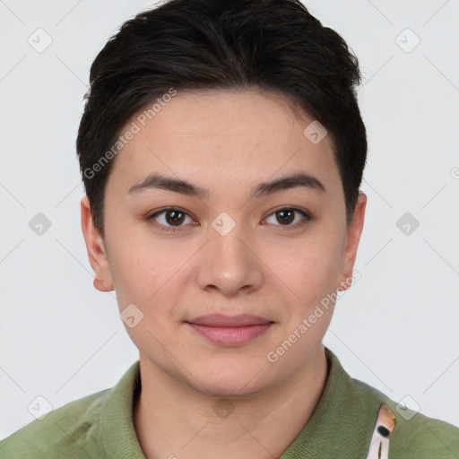 Joyful white young-adult female with short  brown hair and brown eyes