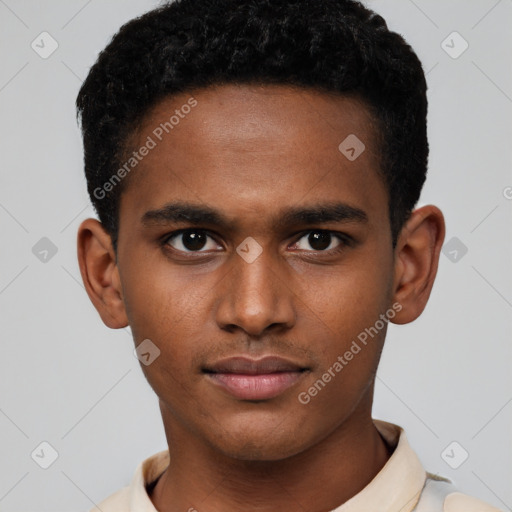 Neutral latino young-adult male with short  brown hair and brown eyes