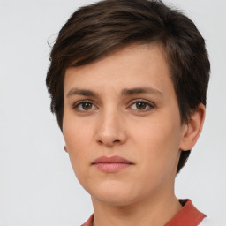 Neutral white young-adult female with short  brown hair and brown eyes