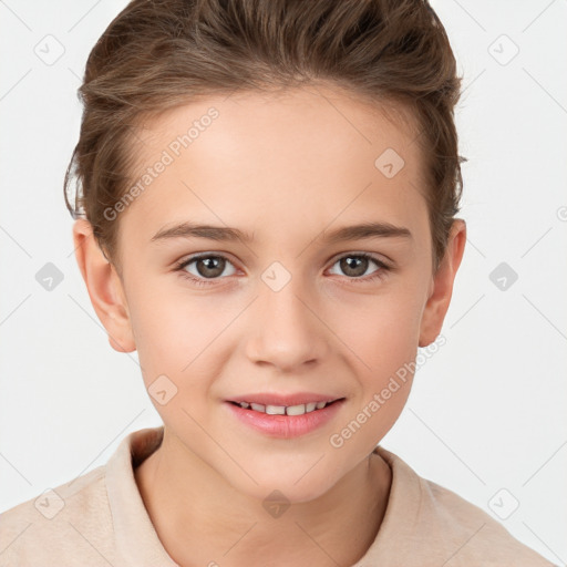 Joyful white child female with short  brown hair and brown eyes