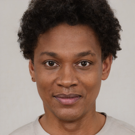 Neutral black adult female with short  brown hair and brown eyes