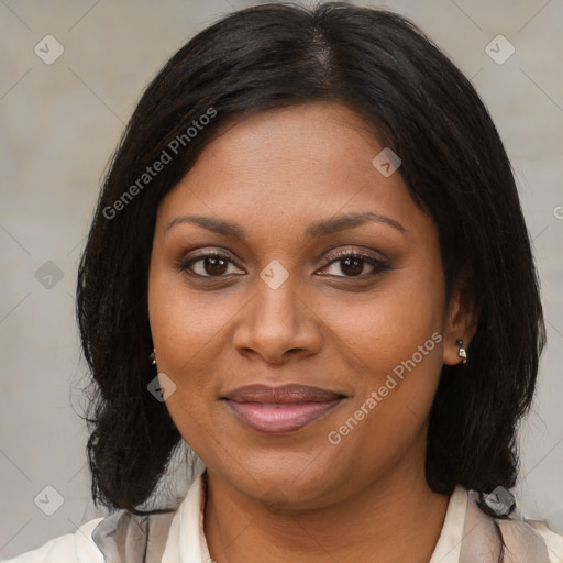 Joyful black young-adult female with medium  brown hair and brown eyes