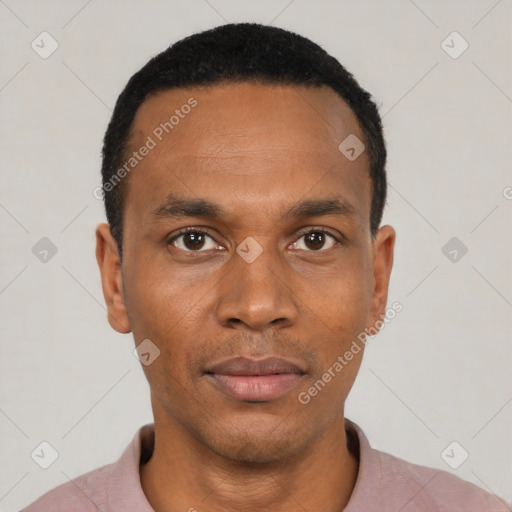 Neutral black young-adult male with short  black hair and brown eyes