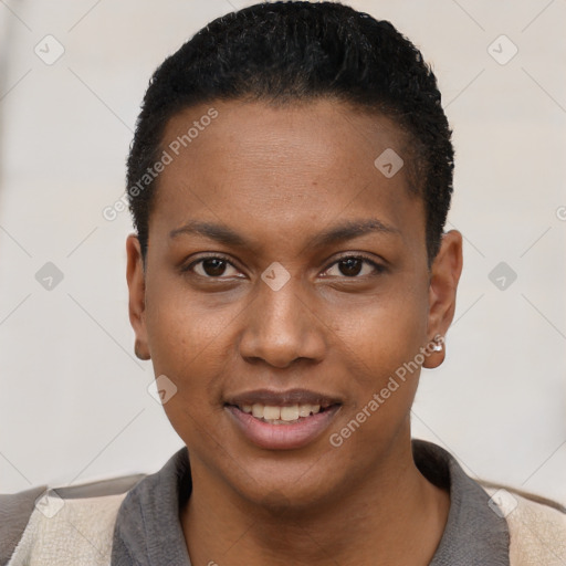 Joyful black young-adult female with short  black hair and brown eyes