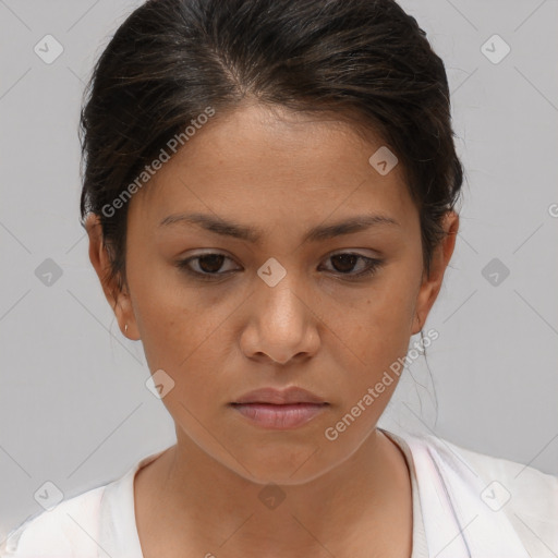 Neutral white young-adult female with medium  brown hair and brown eyes