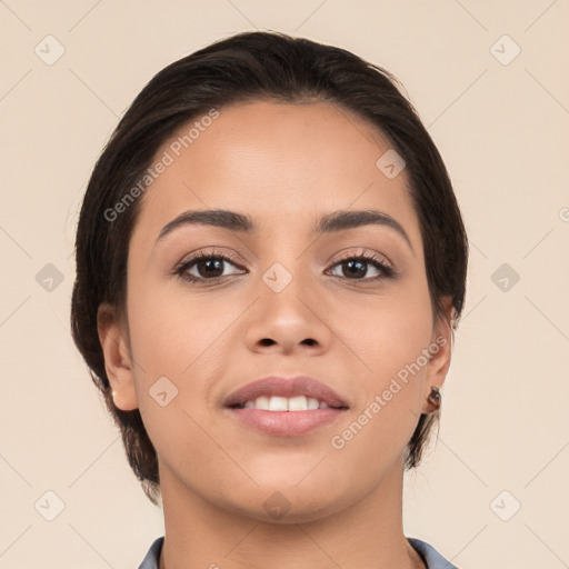 Neutral white young-adult female with medium  brown hair and brown eyes