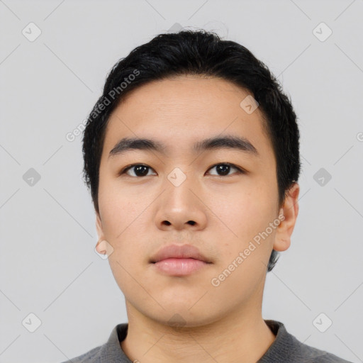 Neutral asian young-adult male with short  black hair and brown eyes