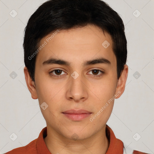 Neutral white young-adult male with short  brown hair and brown eyes