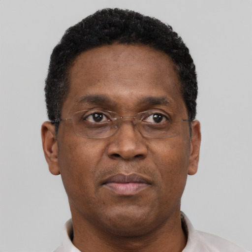 Neutral black adult male with short  black hair and brown eyes