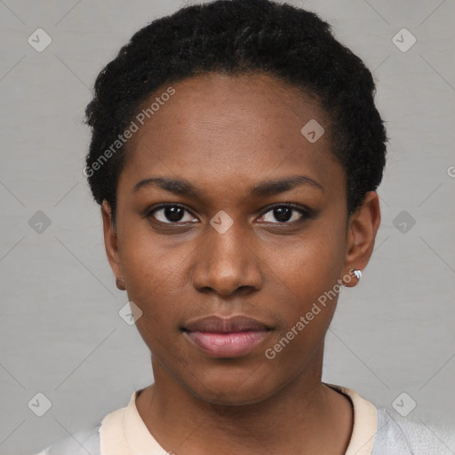 Neutral black young-adult female with short  black hair and brown eyes