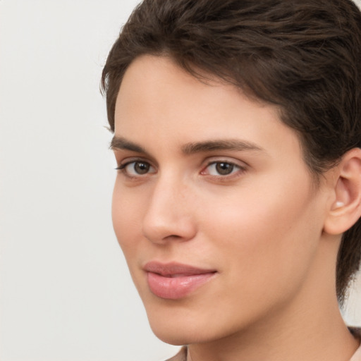 Neutral white young-adult female with medium  brown hair and brown eyes