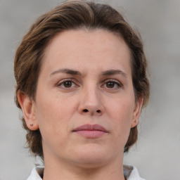 Neutral white adult female with medium  brown hair and brown eyes