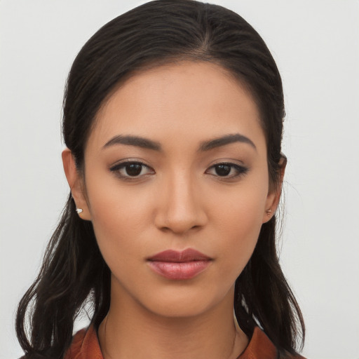 Neutral asian young-adult female with long  black hair and brown eyes