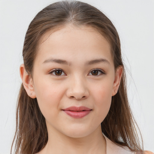 Joyful white child female with medium  brown hair and brown eyes