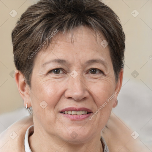 Joyful white adult female with short  brown hair and brown eyes