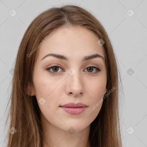 Neutral white young-adult female with long  brown hair and brown eyes