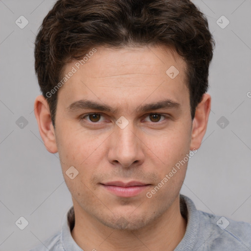 Neutral white young-adult male with short  brown hair and brown eyes