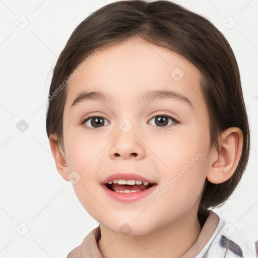 Joyful white child female with medium  brown hair and brown eyes