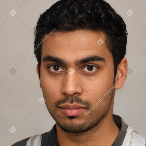 Neutral latino young-adult male with short  black hair and brown eyes